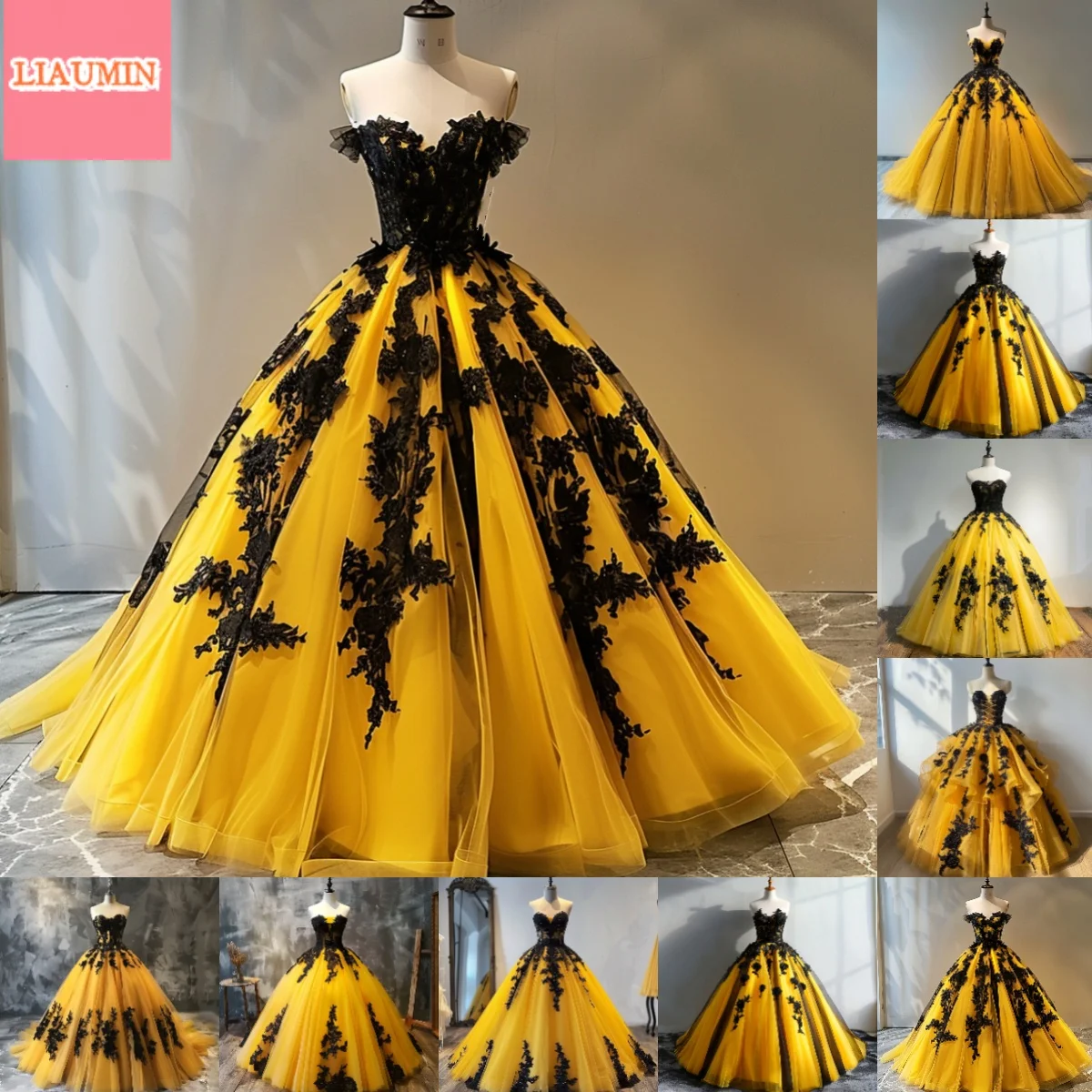 Yellow Tulle Black Applique Strapless Full Length Lace Up Back Formal Prom Evening Dress Brithday Clothing Customized W9-12