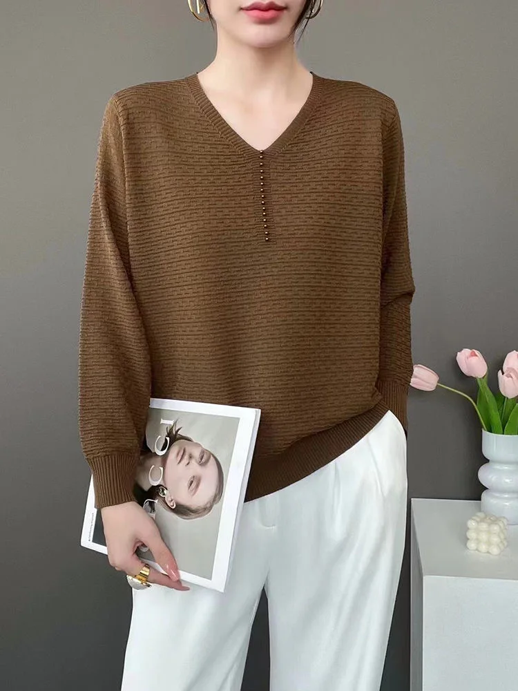 Loose V-ne Knitted Sweater Women's Autumn Winter Simple Match Pure Color Knitwear Casual Commute Sle plus Size Inner Wear