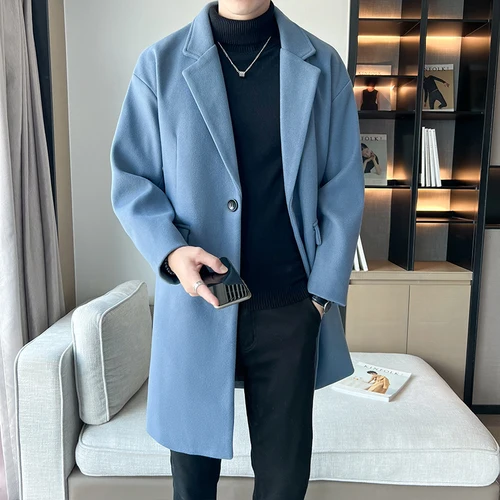 새로운 가을 모직 트렌치 한국 남성 패션 비즈니스 캐주얼 솔리드 롱 트렌치/스트리트웨어 겨울 남성 원 버튼 오버 코트, 2022