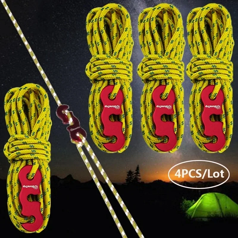 4 Outdoor Tent Ropes, Reflective Ropes Canopy Ropes Reinforced Windproof Ropes with Buckles To Ensure Safety Camping Accessories