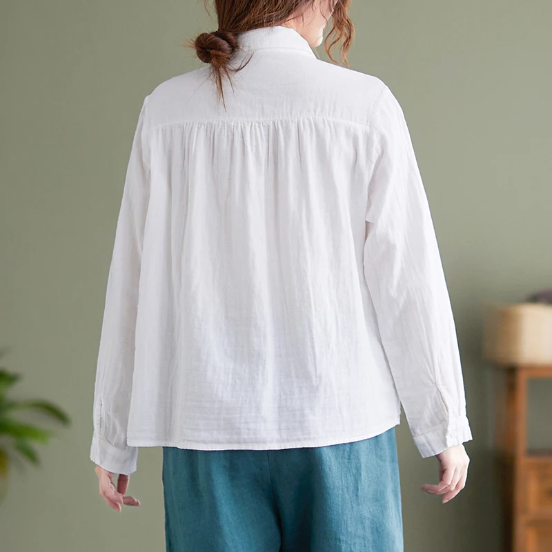 French Fashion Women Blouse Double Yarn Cotton Long Sleeves Loose Blouse for Sweet Lady Lace Patched Single Breast