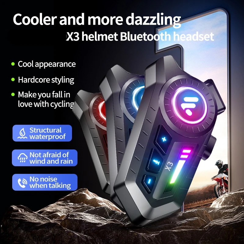 X3 Motorcycle Bluetooth 6.0 Helmet Headset Tri-Colorful Lights Earphone IPX6 Waterproof Support Connecting 2 Phones Same Time