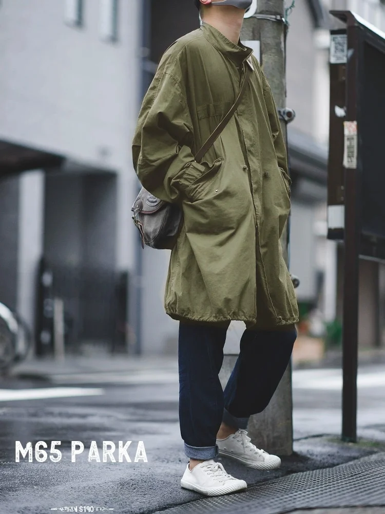 

Maden American Retro World War II M65 Trench Coat Men's Long Coat Fi Tail Windbreaker Workwear Stand Fit Cotton Polyester