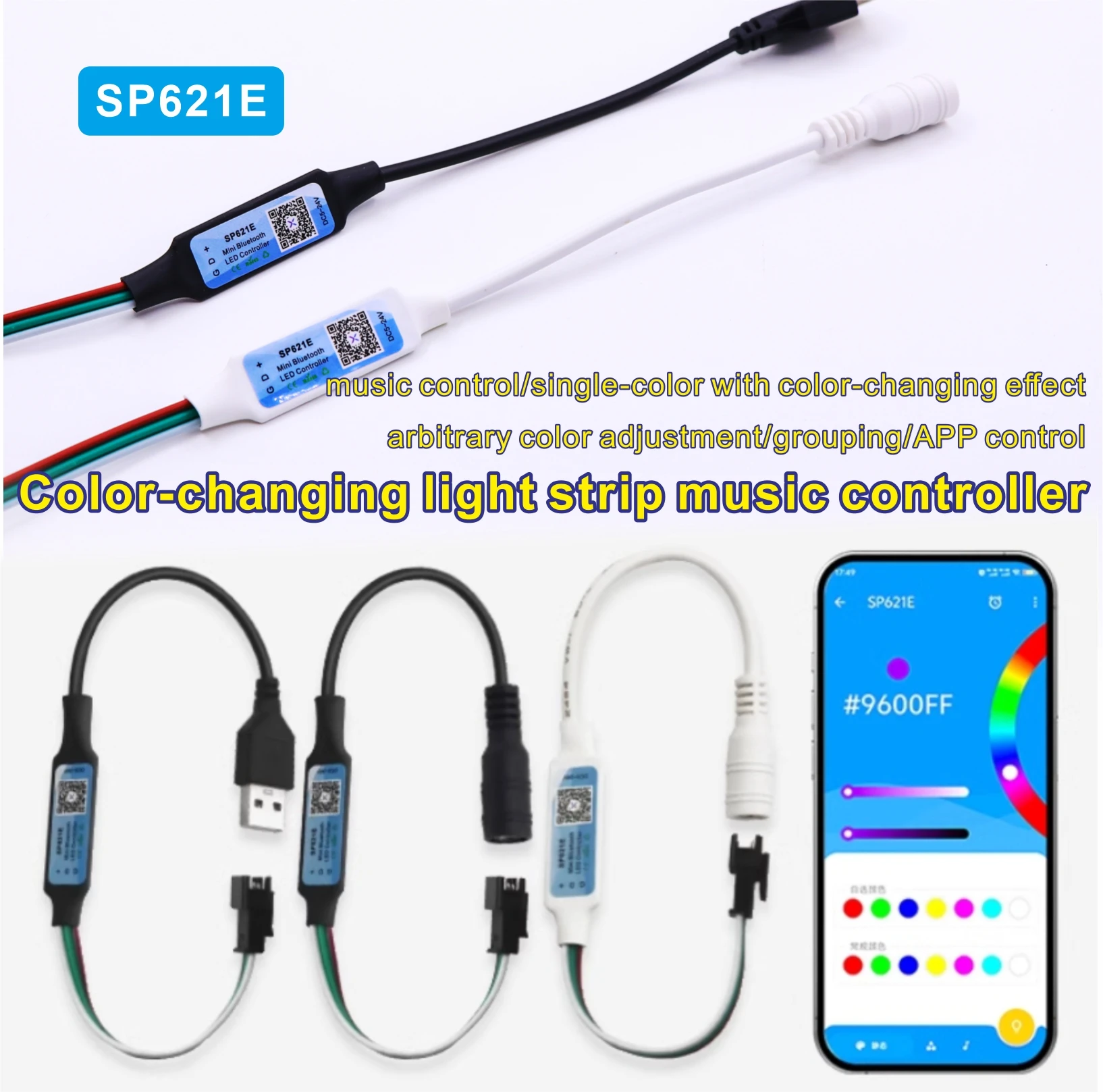 DC 5V - 24V, controlador de música de faixa de luz que muda de cor Bluetooth SP621, com ajuste de cor arbitrária,