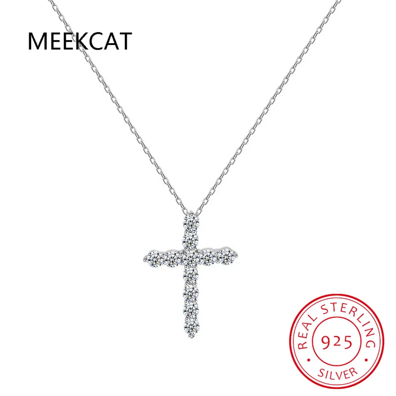 MEEKCAT Total 1.1ct 3mmX11 Round Cut D VVS1 Moissanite 925 Silver Christian Religious Cross Pendant Necklace Woman Girl Gift