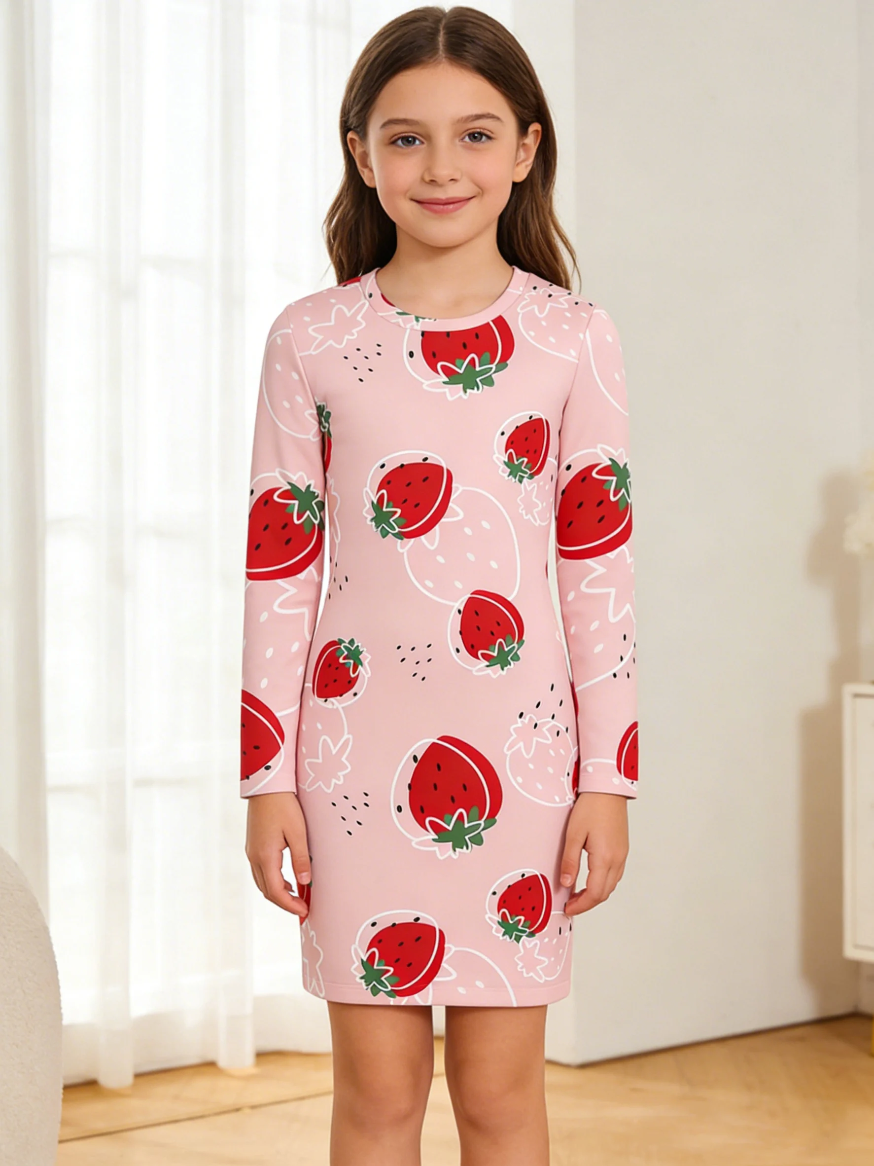 2026 girls light pink strawberry full print long-sleeved slim dress