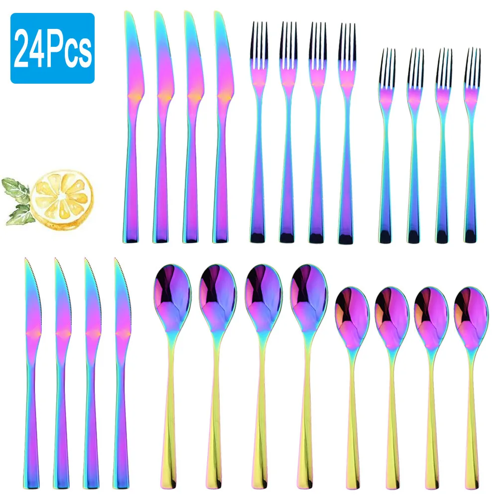 

24Pcs Rainbow/Silver Dinnerware Set 18/10 Stainless Steel Cutlery Fork Spoon Knife Flatware Kitchen Tableware Dishwasher Safe