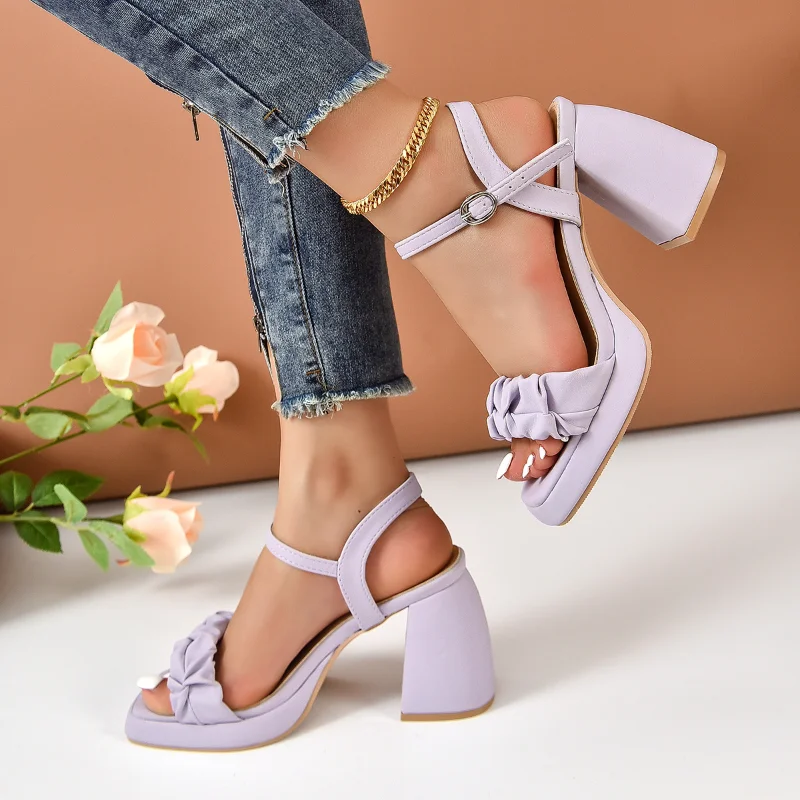 Women's High Heels Fashion Pleated Square Toe Open Toe Super High Heel Sandals All-match Hollow Out Sexy Party High Heels Mujer