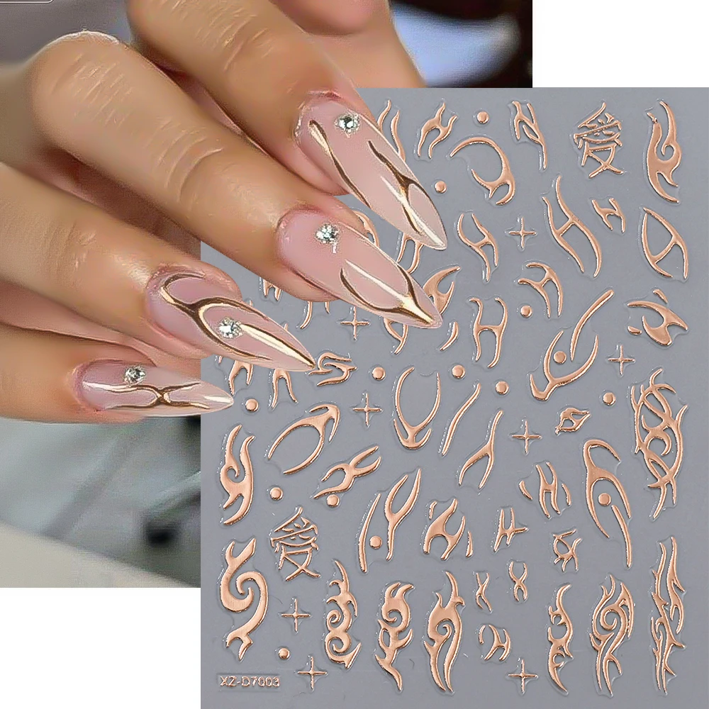 12 Uds. De pegatinas para uñas de oro rosa, estrella, corazón, flor, llama bronceadora 3D, línea de serpiente, calcomanías francesas para decoración de uñas, decoración deslizante para manicura Bohemia