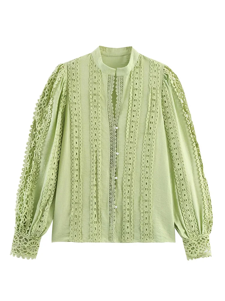 

European style new women's fashion versatile temperament simple French lace V-neck lantern sleeve shirt