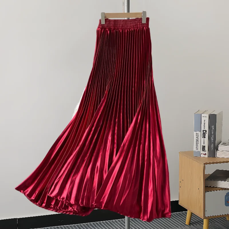 

Shiny Satin Pleated Skirt Women Solid Color Elastic High Waisted Dance Party Long Skirt Spring Summer Autumn