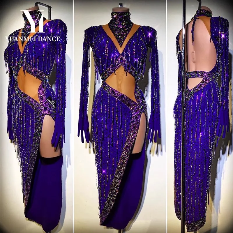 Latin Dance Competition Women's High-end Custom Purple Exposed Waist Split Skirt Tango Samba Performance Rhinestone Dress