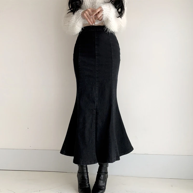 

Retro High Waist Pleated Hem Fi Tail Skirt Long Waed Blue Denim Wrap Body f Skirt Chic Autumn Faion Women's Skirts