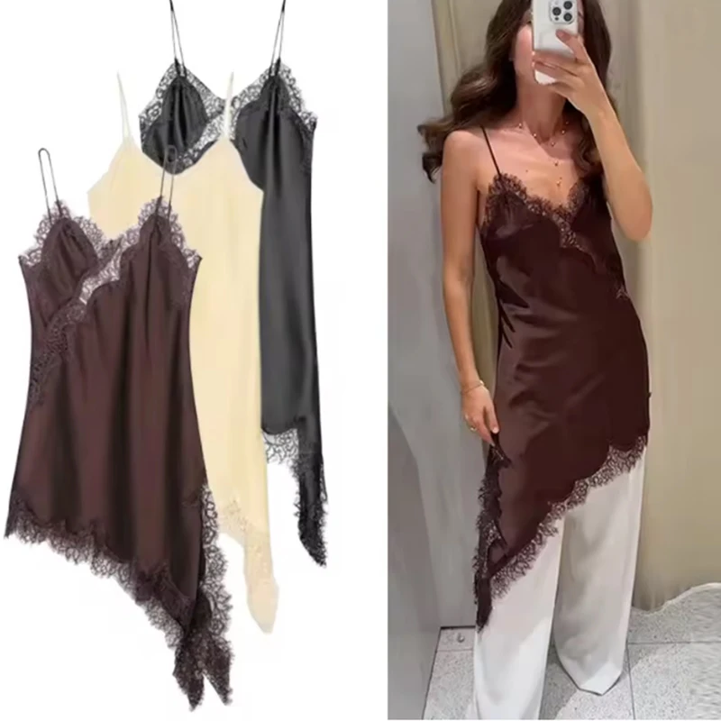 Neues Satin-Kleid für Damen mit Sexy Spitzenbesatz, Kurzes Trägerkleid, Ärmellos, Rückenfrei, Asymmetrisch, Sexy Partykleid