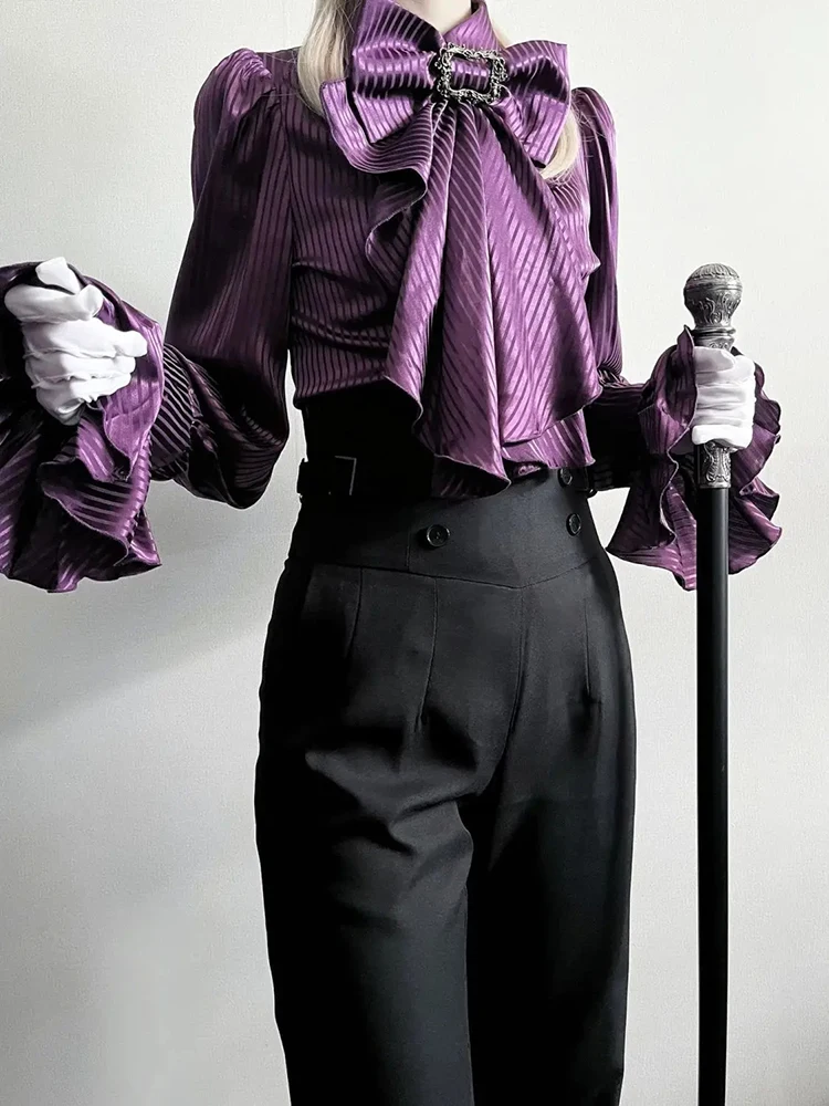 Temperament Tops Vrouwen Blouses Vintage Boog Stand Hals Flare Mouwen Ruches Chic Blouse Tops 2025, Blusas Mujer De Moda