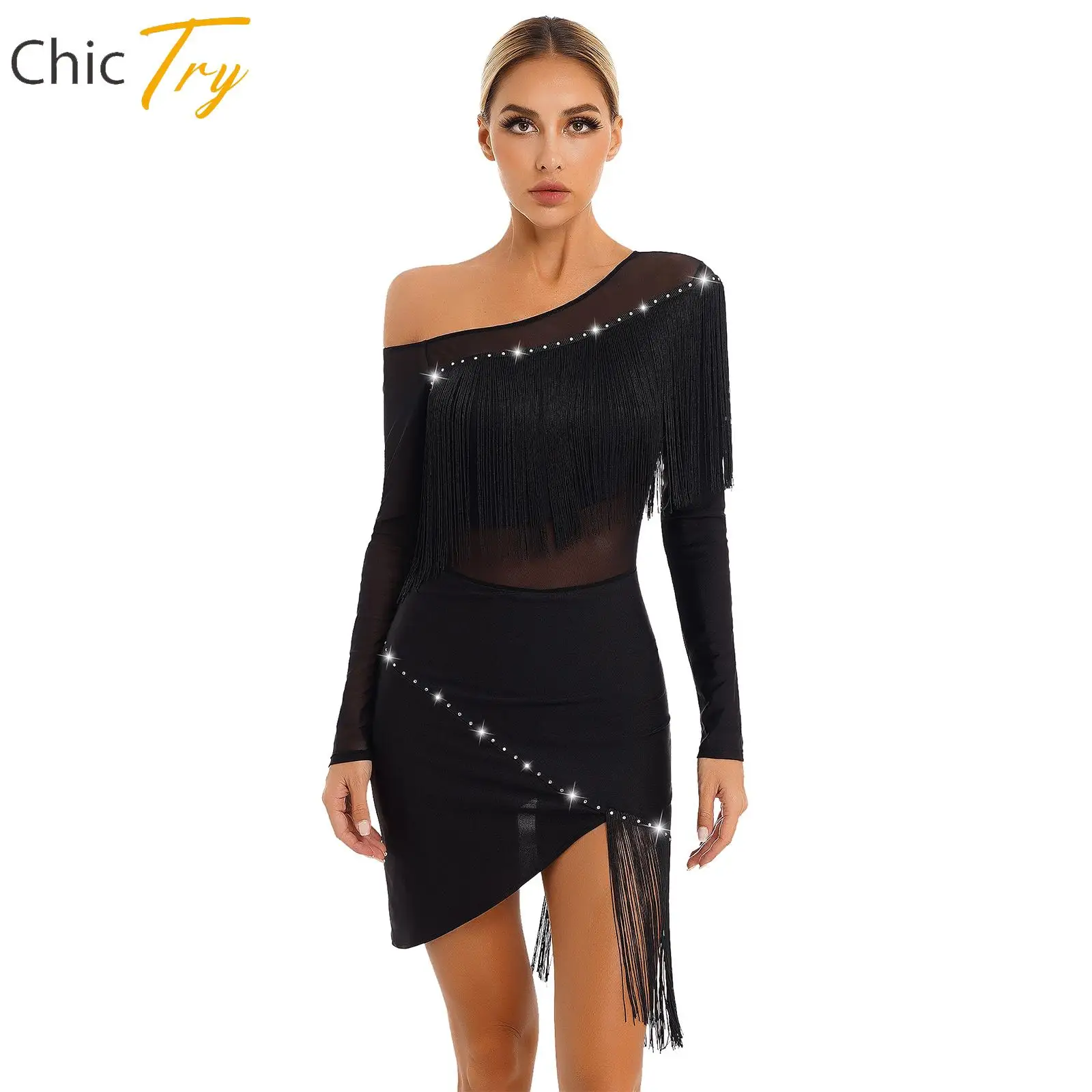 

Womens Oblique Shoulder Fringed Dance Dress Sheer Mesh Patchwork Long Sleeve Irregular Hem Dresses for Tango Latin Cha-Cha Samba