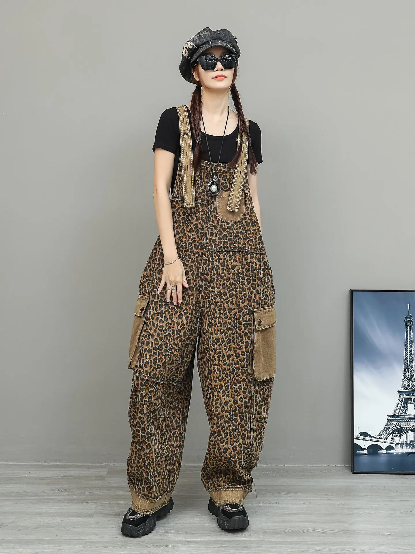 Cool Leopard Print Work Jumpsuit Women Summer Loose Distressed Thin Denim Sleeveless Jumpsuit ZXY085 - Image 2