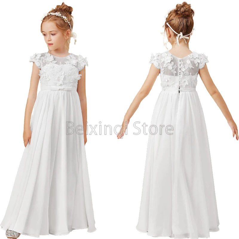 

white Chiffon Flower Girl dress tulle appliques kids formal occasion Festive prom wedding Young bridesmaid elegant evening gown