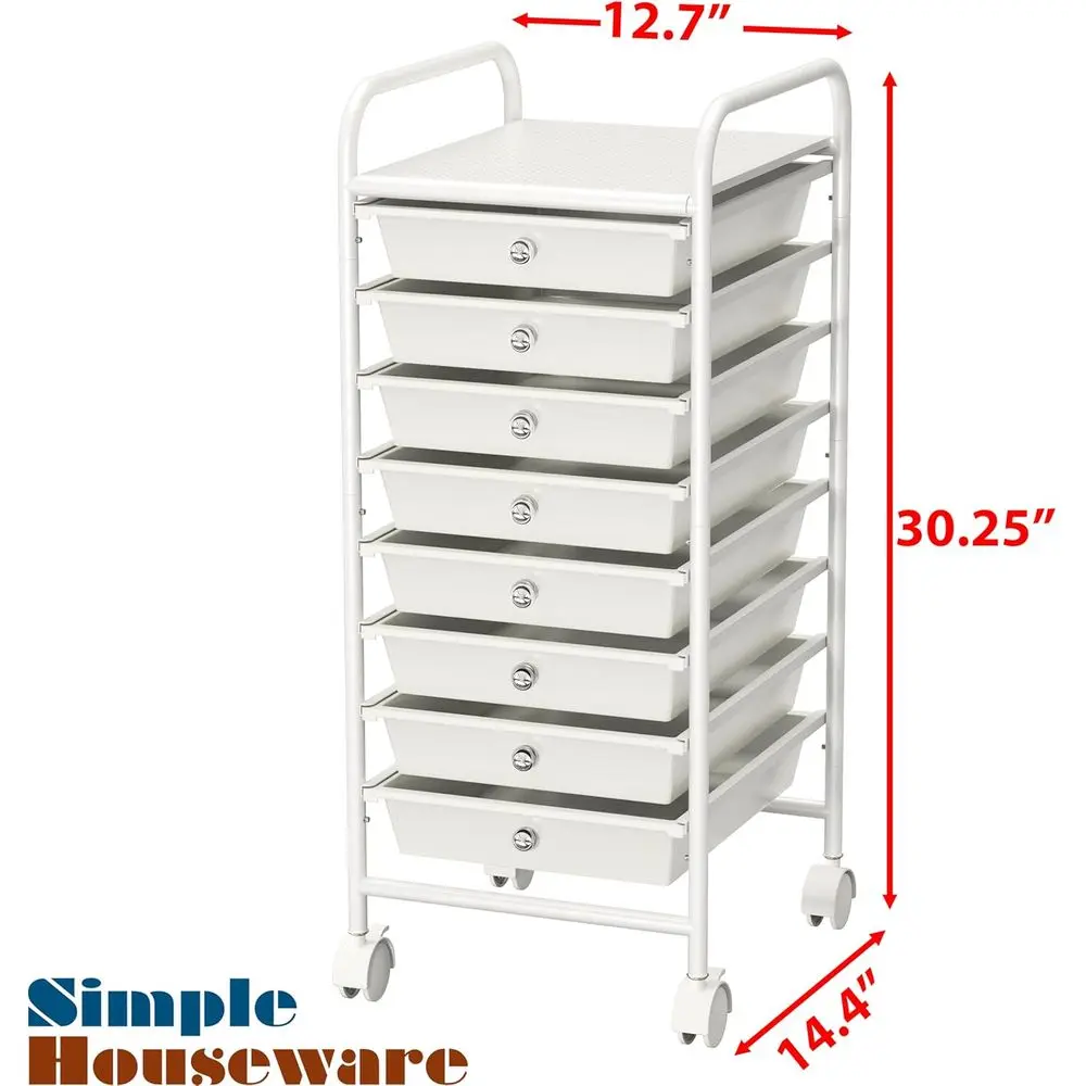 Carrinho de armazenamento móvel com 8 gavetas para artes e ofícios, branco