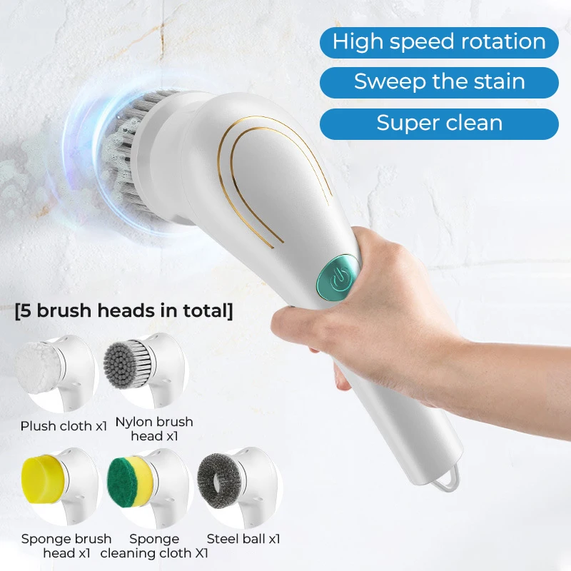 

Electric Cleaning Brush Household Multifunctional Handheld Cleaning Brush Dishwashing Tool with 5 Heads Kitchen Washing Tool