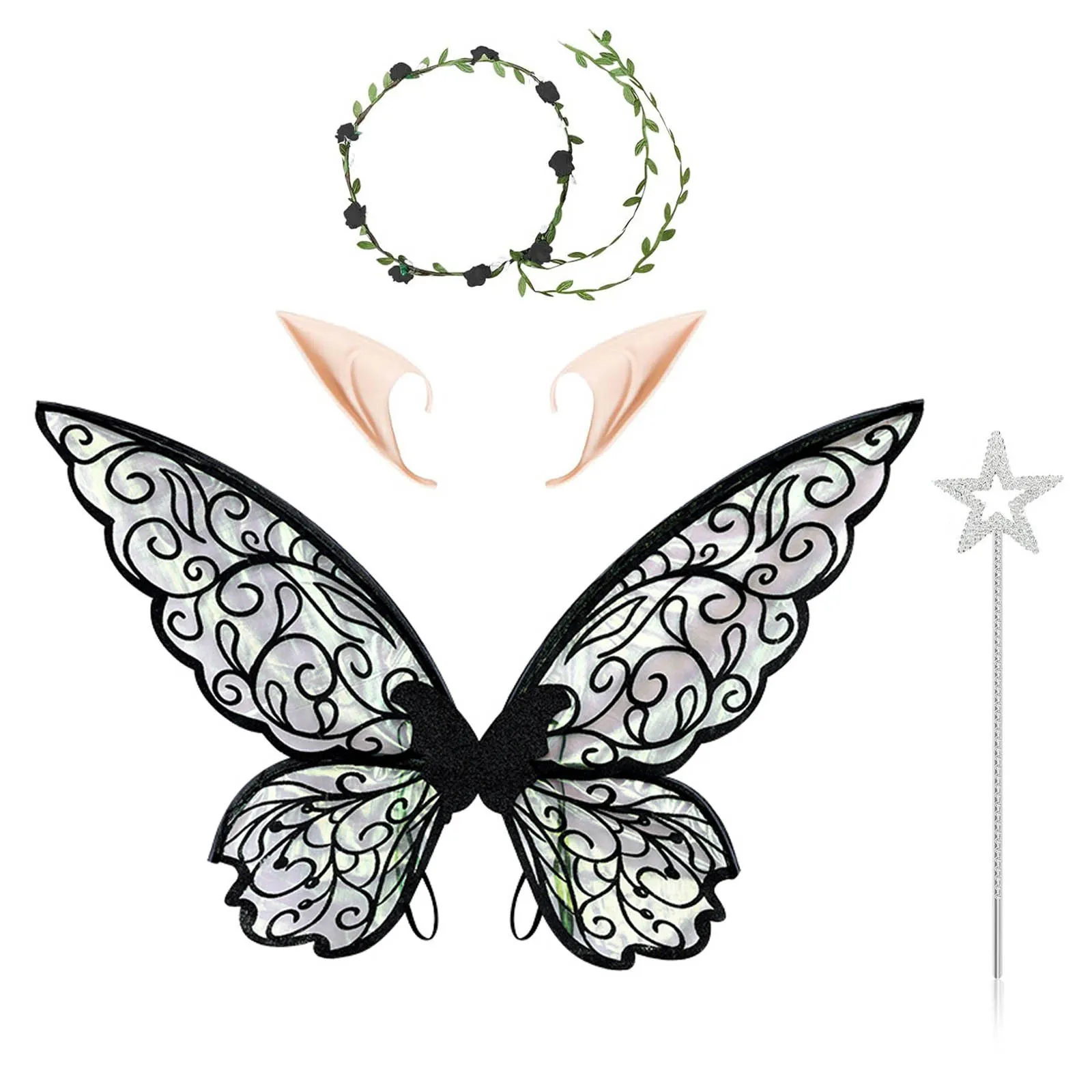 Women Girls Colorful Butterfly Wings Elastic Strap Fairy Wand Elf Ears Fake Leaf Headband Costume Set Props for Party Halloween