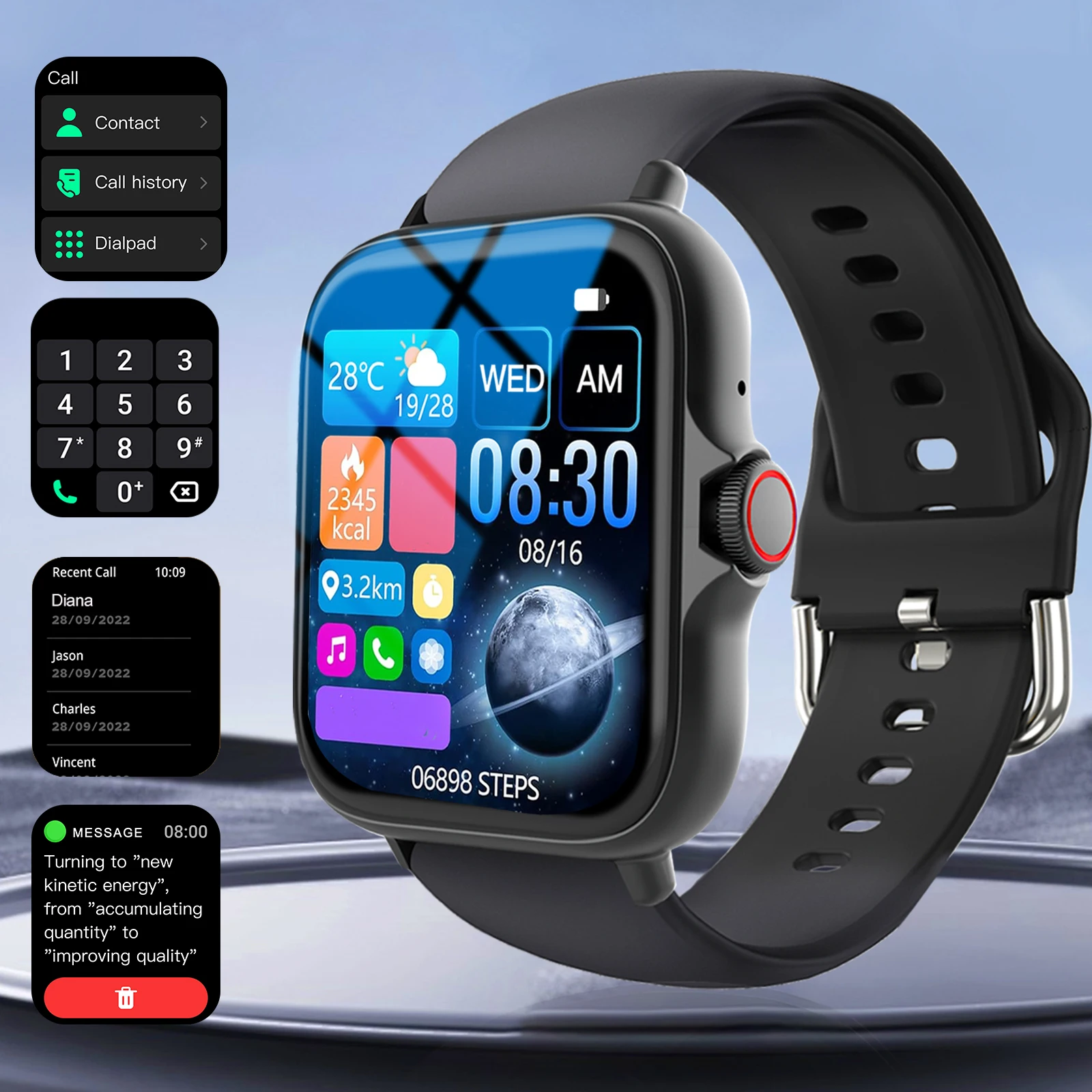 Smartwatch, multi-sport mode, can answer and make calls, with message reminders, customizable dial wallpaper and other functions