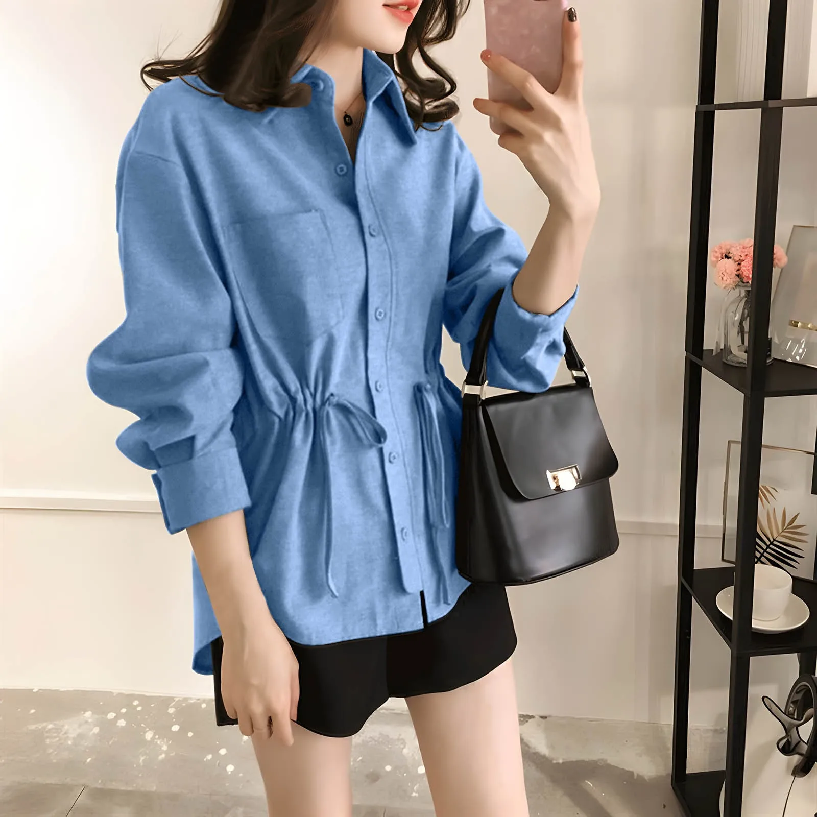 Women\'s Shirt 2024 Spring New Fashion Lapel Waisted Commuter Tops Shirt Solid Colour Large Size Casual Loose Blouse Shirt