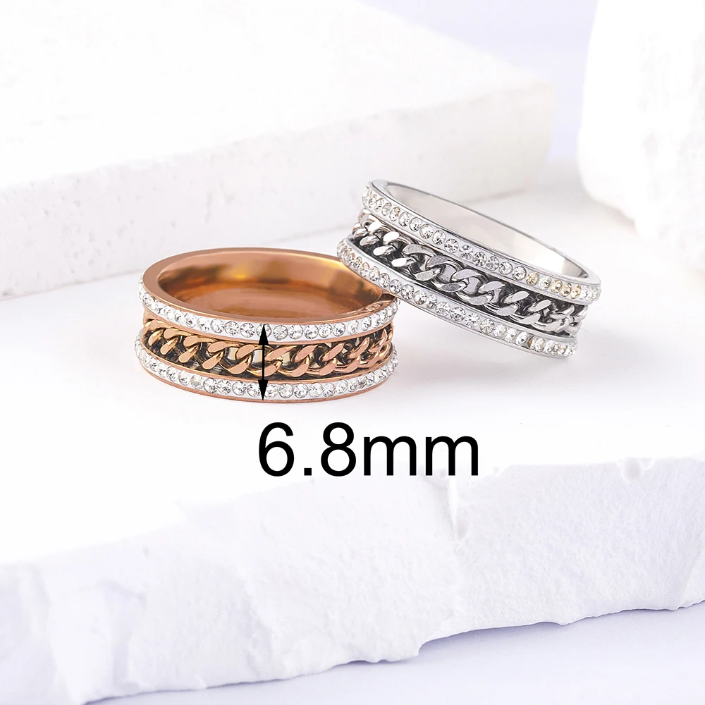 TYO High Quality Punk Chain Design Round Stainless Steel Rings Crystal Cubic Zircon Beauty Jewelry Wholesale Dropshipping