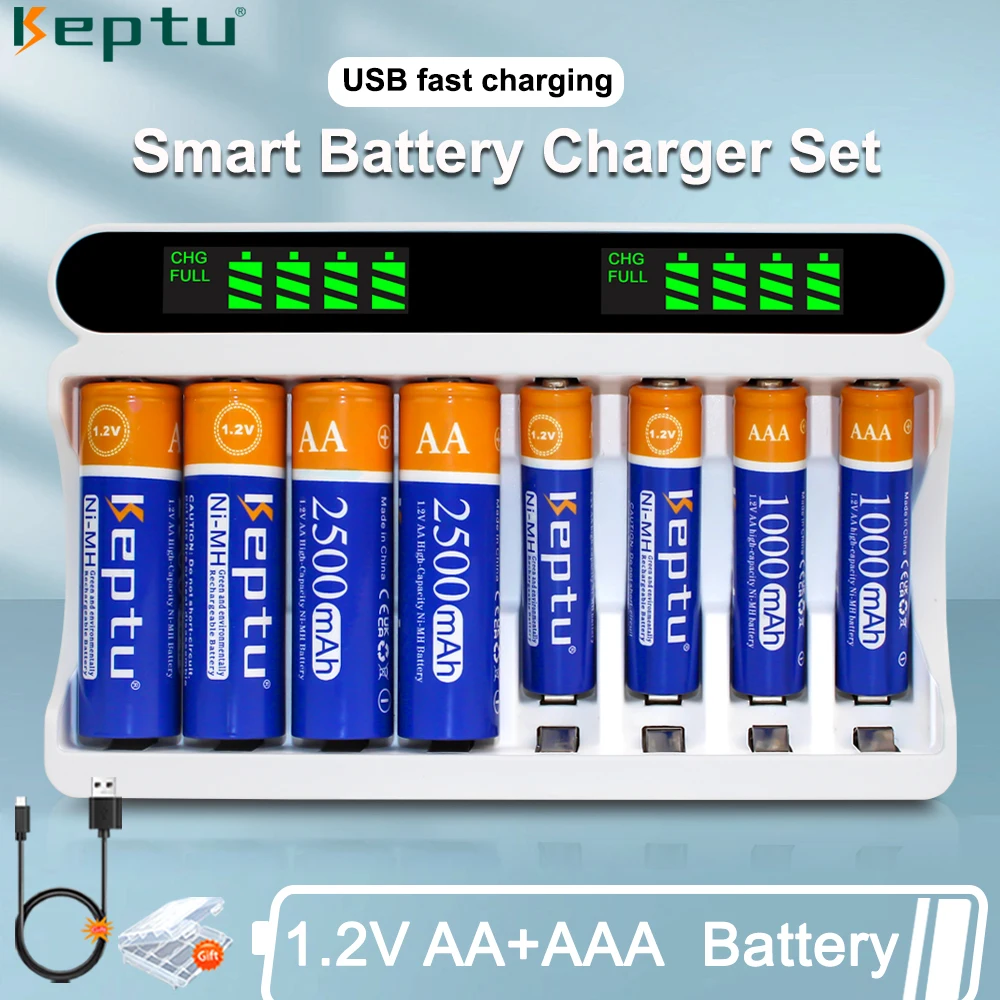 

KEPTU 1.2V Ni-MH AAA+AA Batteries 2500mAh AA Rechargeable Battery+1000mAh AAA Rechargeable Battery and LCD USB Battery Charger