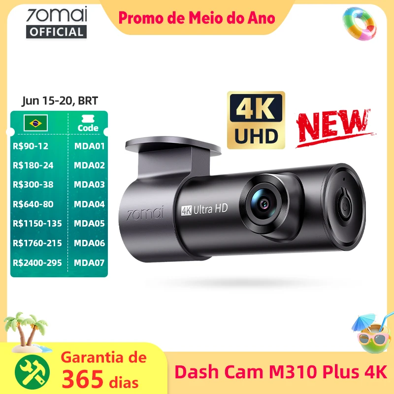 Versão Global 70mai Dash Cam M310 Plus 4K Verdadeiro 4K 2160P WDR com Controle por Voz e Suporte a Modo de Estacionamento 24H - DVR Automotivo 70mai M310 PLUS 4K