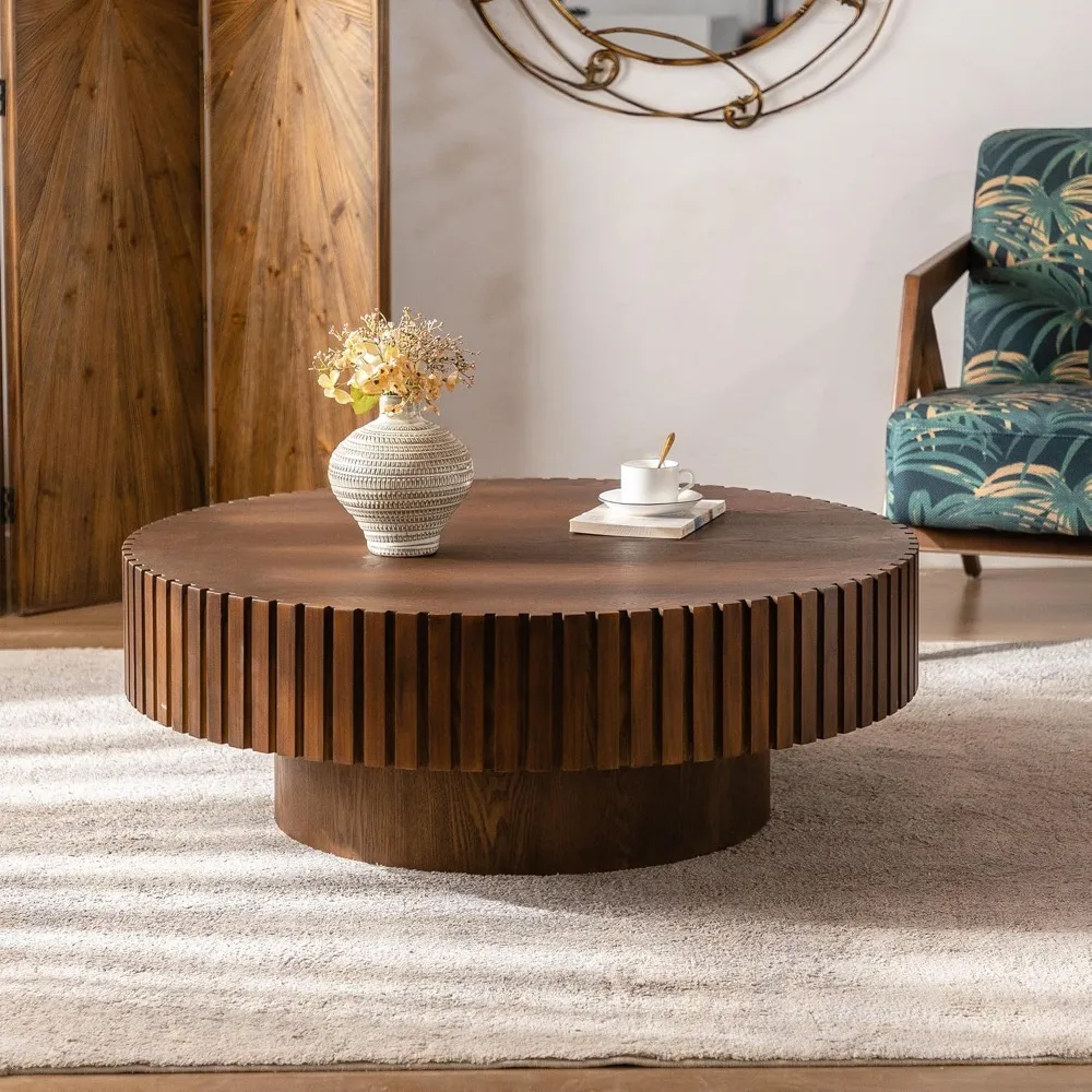 39 inch living room round wooden coffee table, modern handmade drum wooden round coffee table, office coffee table central table