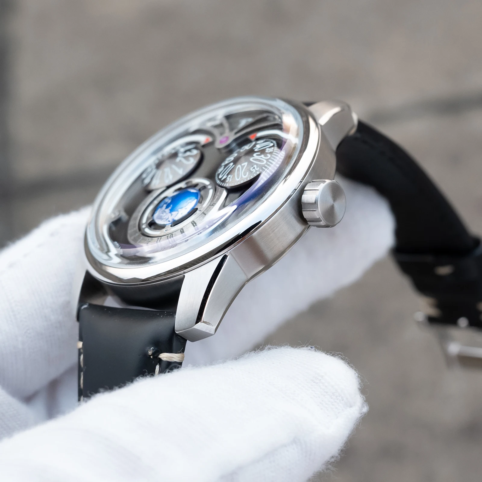 OBLVLO للرجال موضة النسر 3 عيون ساعة أوتوماتيكية مينا أخضر أزرق مضيئة مقاوم للماء ساعة ميكانيكية جلدية مقاومة للماء JM-EAG