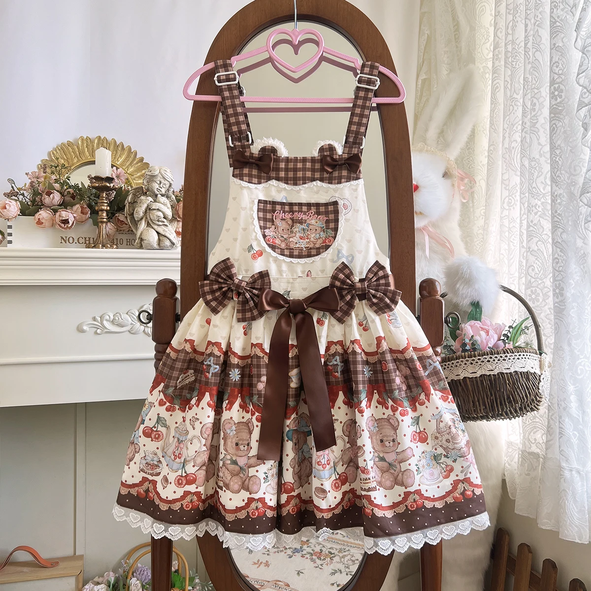 Original Japanese Lolita Style Strap Dress Jsk Summer New Cute Bow Bear Print Kawaii Mini Dress Girls Daily Birthday Party Dress