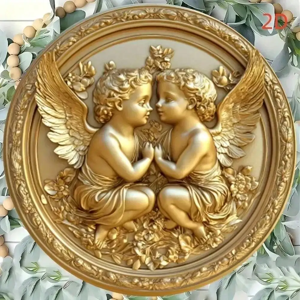 Retro Gold Cherub Metallschild, Vintage 2D Flacher Engel Wanddekoration für Wohnzimmer Heim-Kunst Geschenk