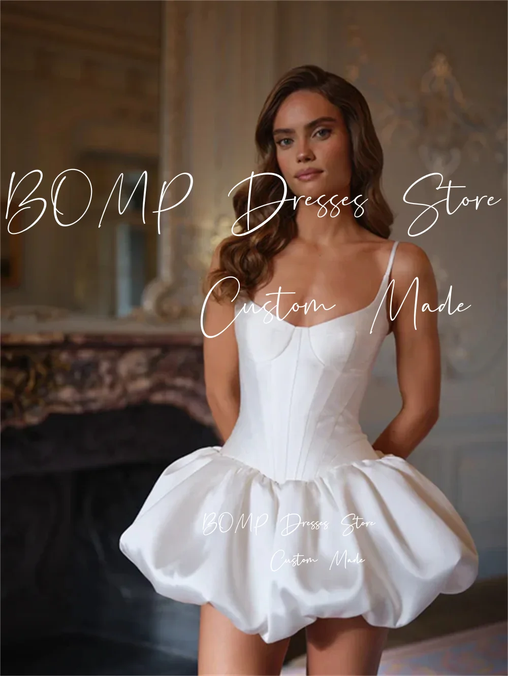 BOMP فستان حفلات الزفاف الشهير الجديد بحزامين على شكل قلب من الساتان فساتين زفاف قصيرة/ميني مصنوعة حسب الطلب 2026 Vestido De Noival #3