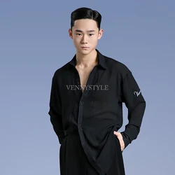 Vennystyle Latin Dance Men's Dance Shirt Professional Dance Training shirt Simple long sleeve dance shirt