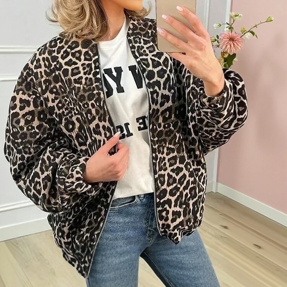 

Женская куртка с леопардовым принтом, с длинным рукавом и круглым вырезом, спортивный стиль, на молнии, осенне-зимняя модная верхняя одежда