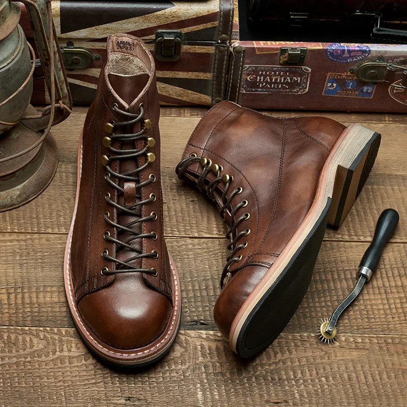 YETTIES النمط البريطاني برشام جلد أصلي للرجال ريترو الكاحل قصيرة ركوب الفروسية أحذية الشتاء أفخم خمر الأحذية #3