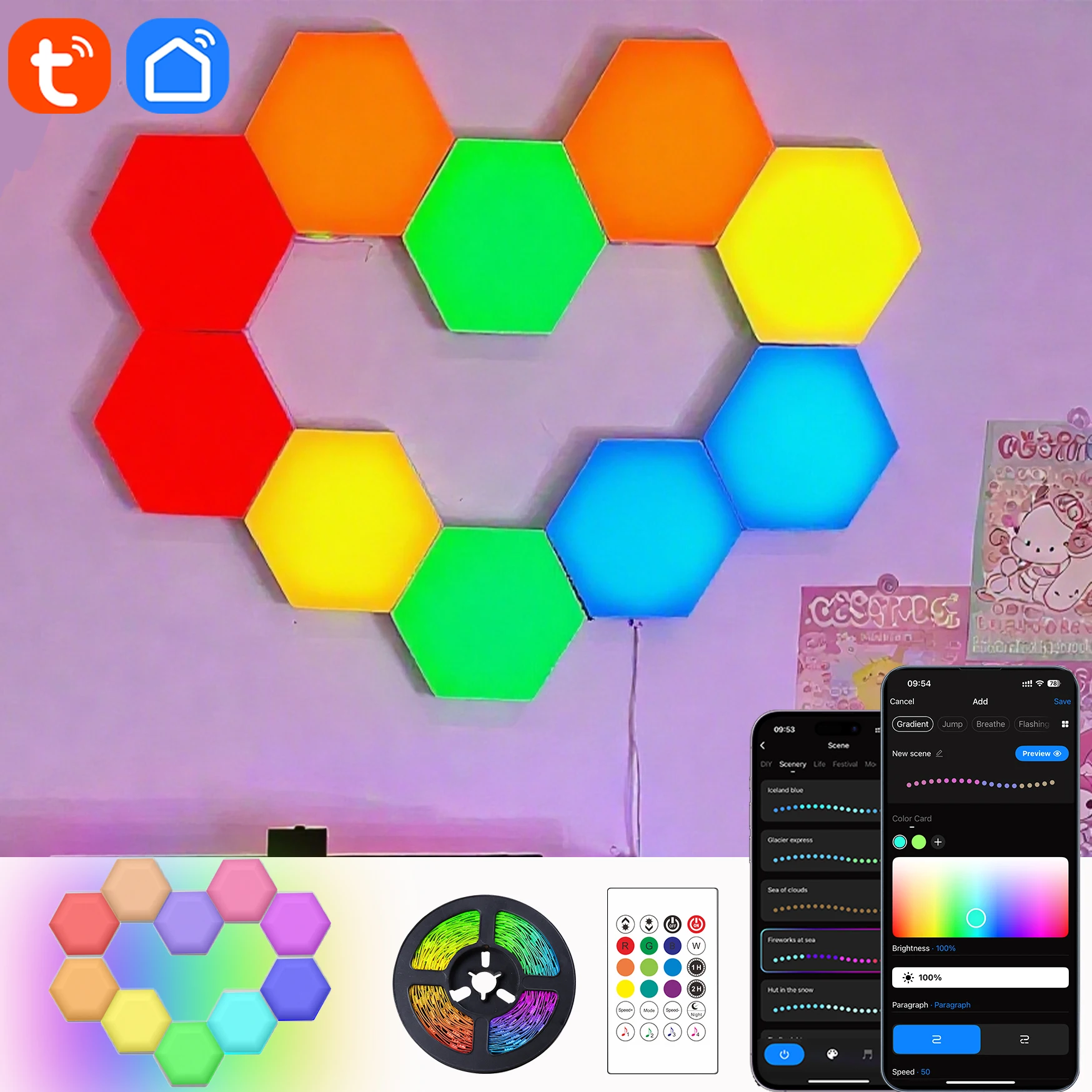 

WiFi RGBIC Smart Hexagonal Wall Lamp Color changing Ambient Night Light DIY Shape Music Rhythm APP For Game Room Bedroom lights