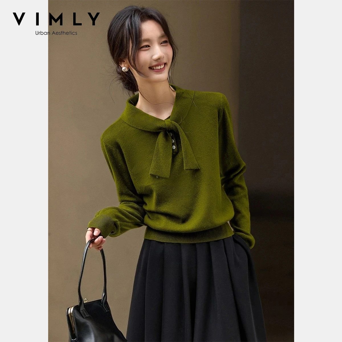 

VIMLY женский свитер зима 2025 с воротником-бабочкой и длинными рукавами, женский трикотаж, базовый слой, элегантные женские топы высокой эластичности 30512