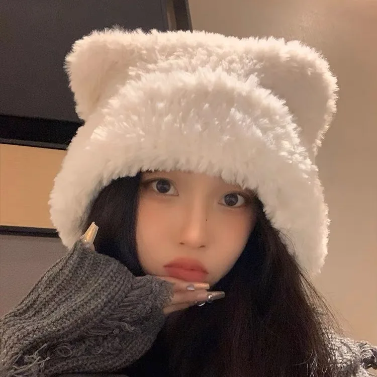 New Autumn and Winter Hat Cute Bear Plush Hats for Women Wool Hat Ear Protection Windproof Knitted Hat Bonnets Bucket Hat