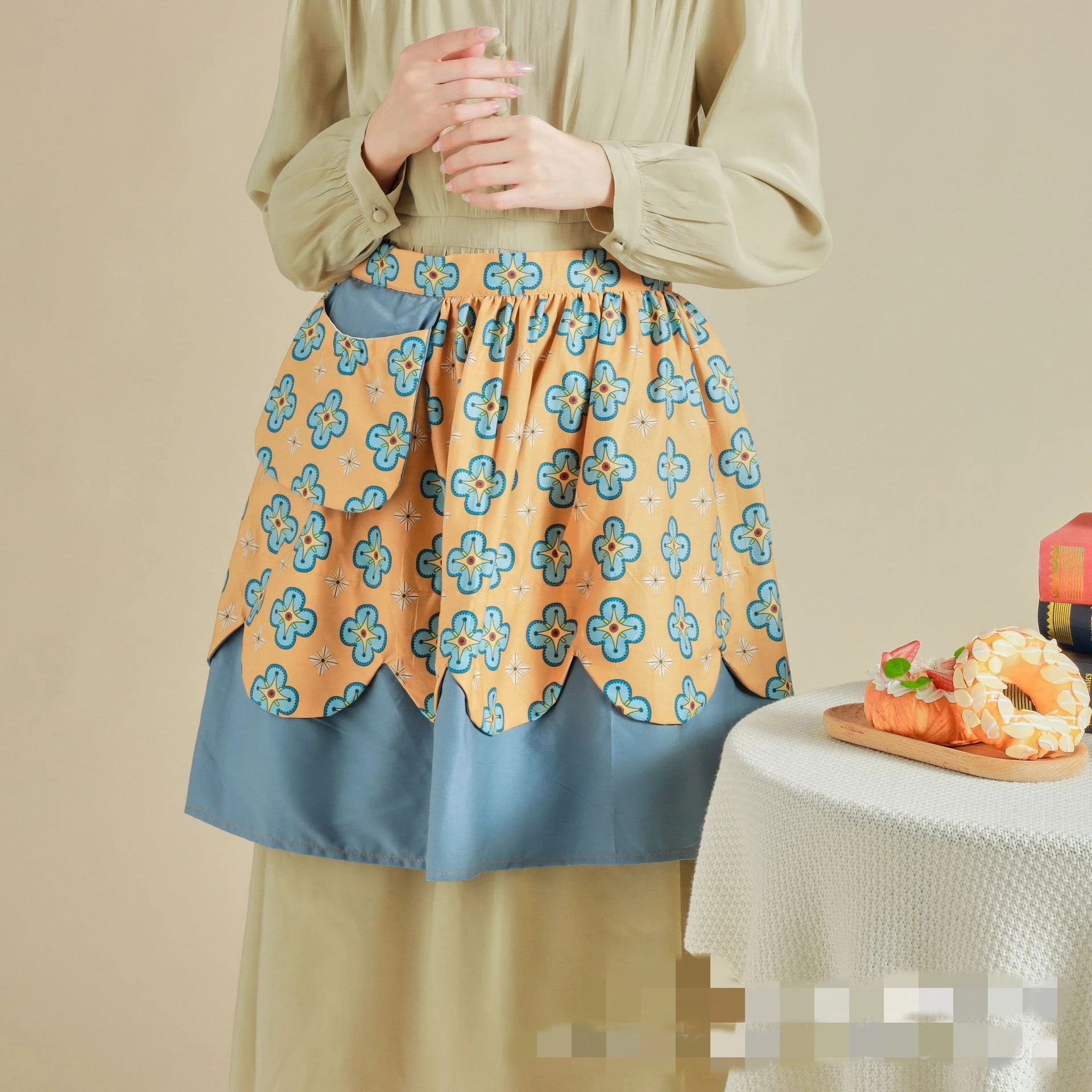 Retro Flowers Short Half Waist Kitchen Cooking Apron Bib Maid Costume Party Favors For Women Waitress Home Delantal Cocina