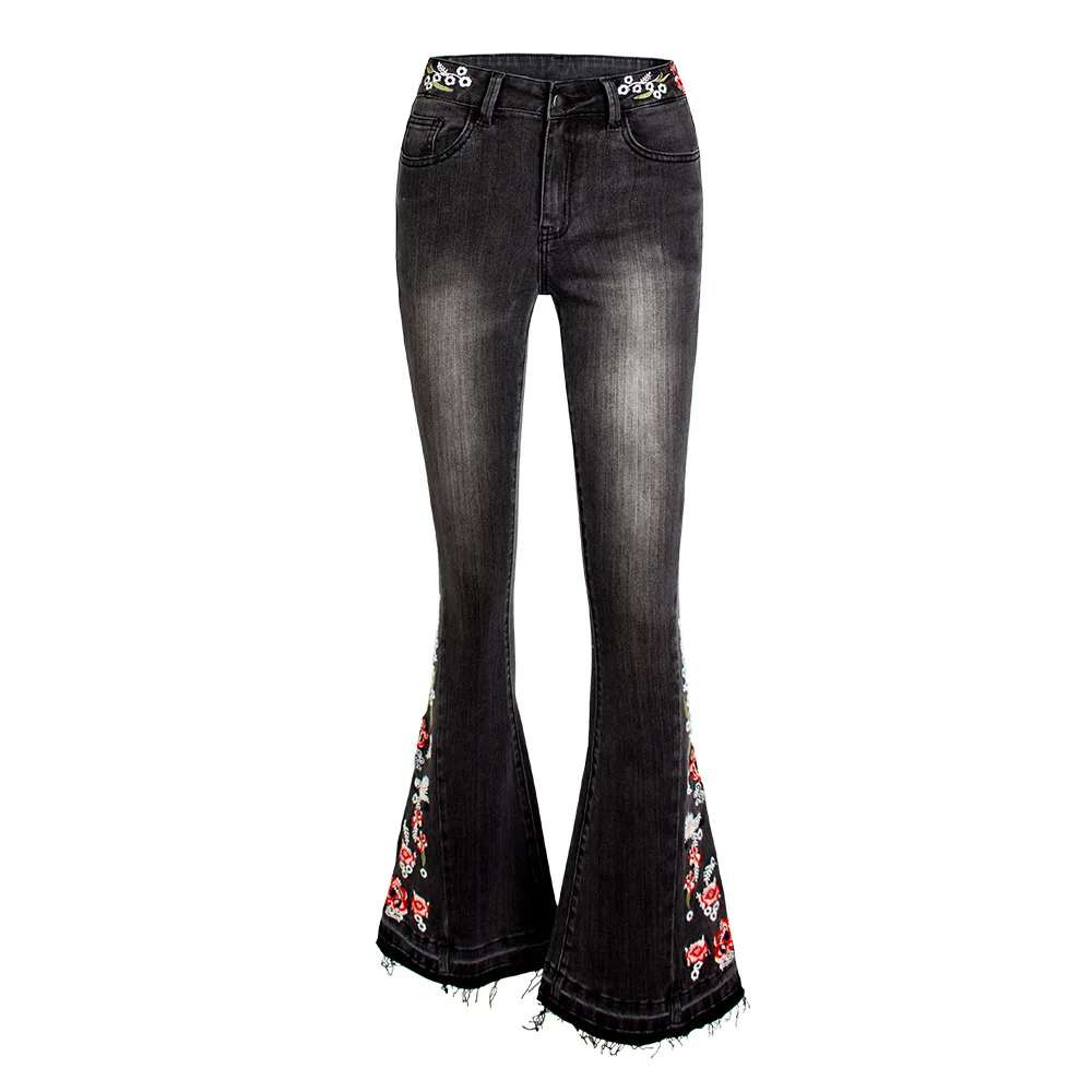 Women Black Embroidered Slim Casual Daily Denim Trousers European American Fashion Vintage Female Super Stretchy Trendy Jeans