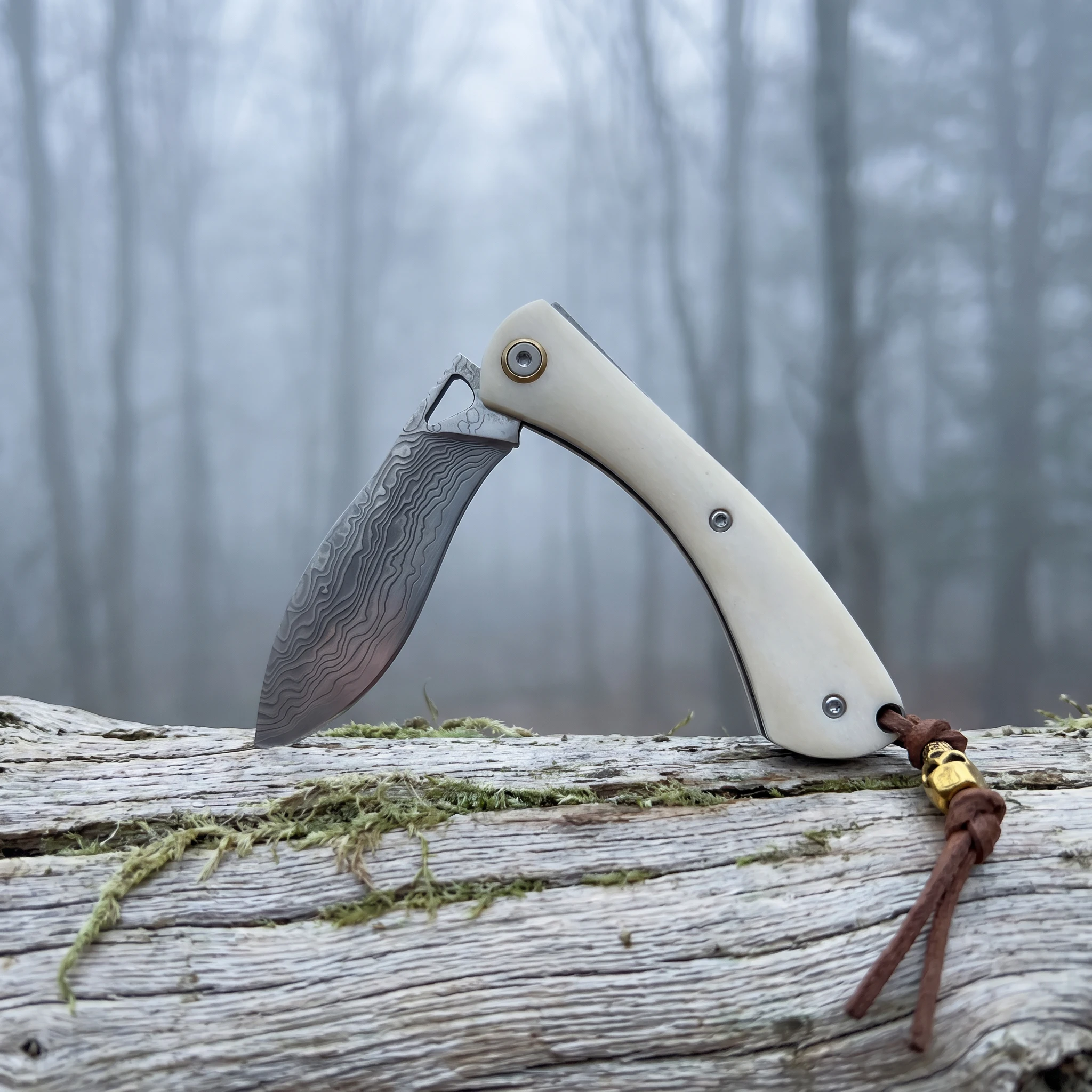 Everyday Carry (Edc) Knife - มีดพกพับได้ ทำจากเหล็กดามัสกัสขึ้นรูปด้วยมือ ด้ามจับทำจากกระดูกขัดเงาเรียบเนียน เหมาะสำหรับพกพาในชีวิตประจำวัน (EDC) และใช้เป็นเครื่องมือสำหรับกิจกรรมกลางแจ้ง