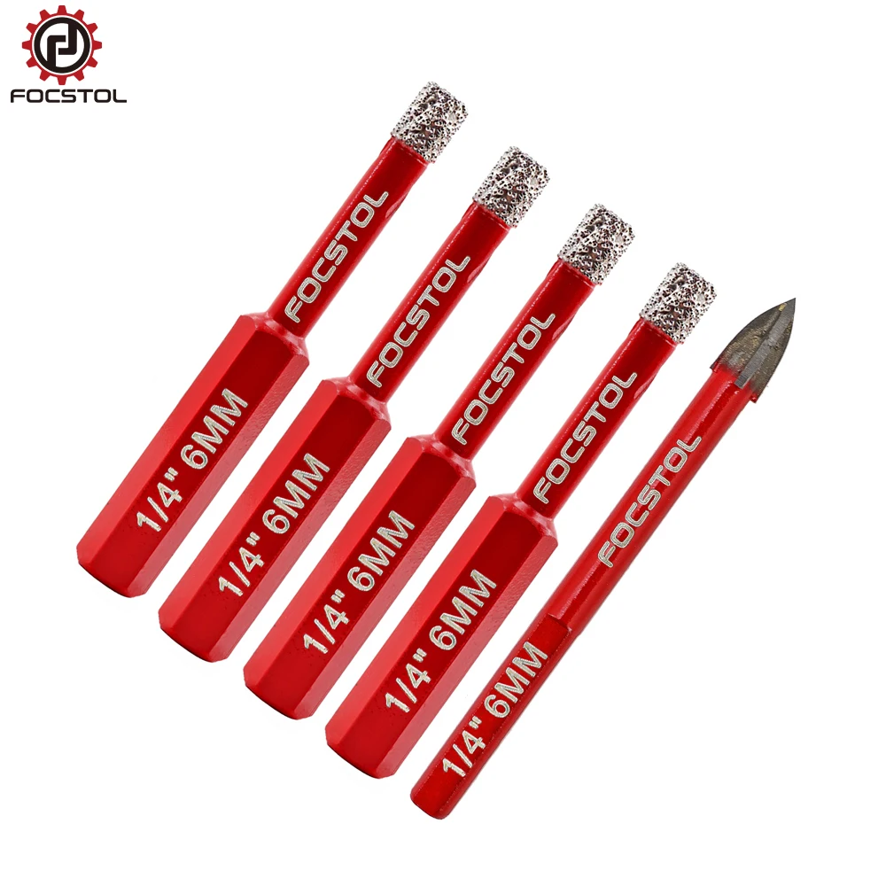 

Focstol 5pcs 6mm Diamond Drill Core Bit Hole Saw Drill Bit for Ceramic Marble Tile Granite Hex Shank Carbide Drill Bits