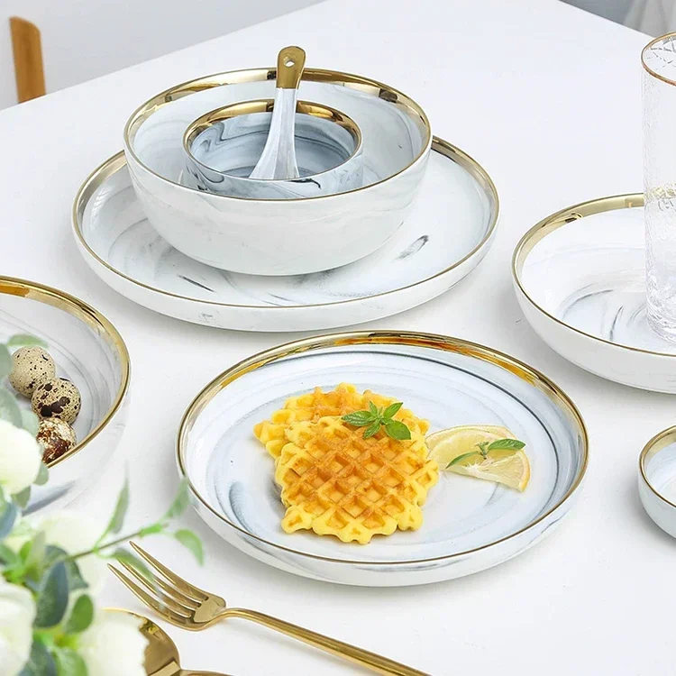 Modern Western Marble Design Dishes Plates Full Set Tableware Luxury Gold Rim Ceramic Plates Bowls Dinnerware Set