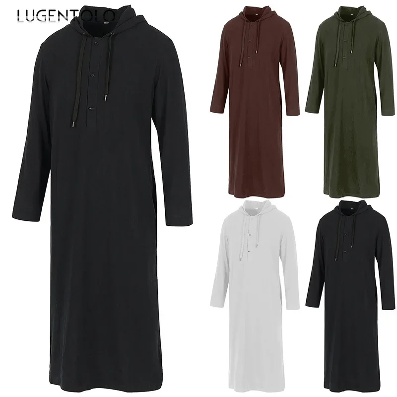 

Men Muslim Robes New Coats Long Sleeve Button Shirts Casual Thin Hooded Middle East Round Neck Loose Fit Simple Solid Jacket