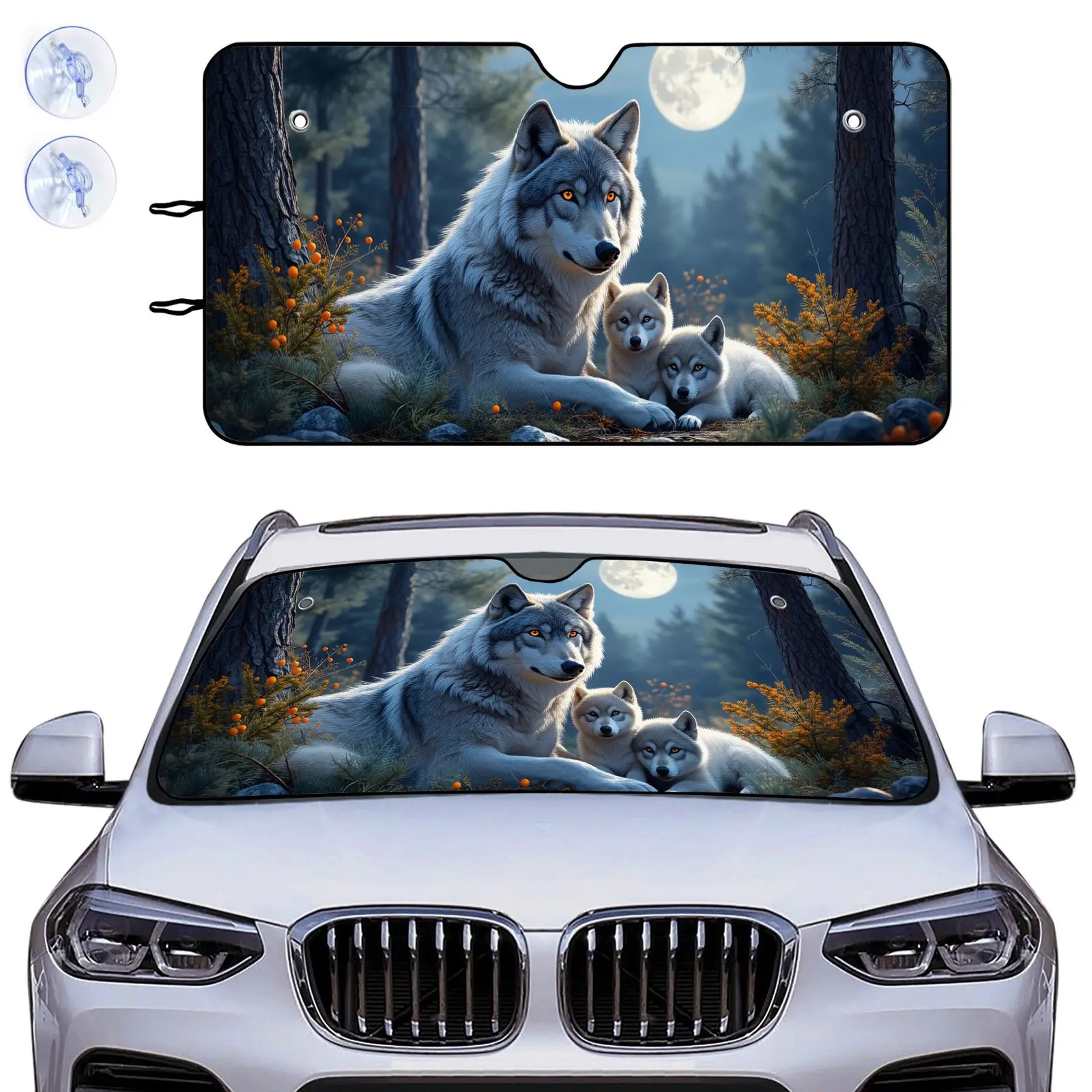 Car Windshield Sun Shade | Wolf Family Moonlight Forest Design, Universal Fit For All Cars, Aluminum Material, Protects From Sun