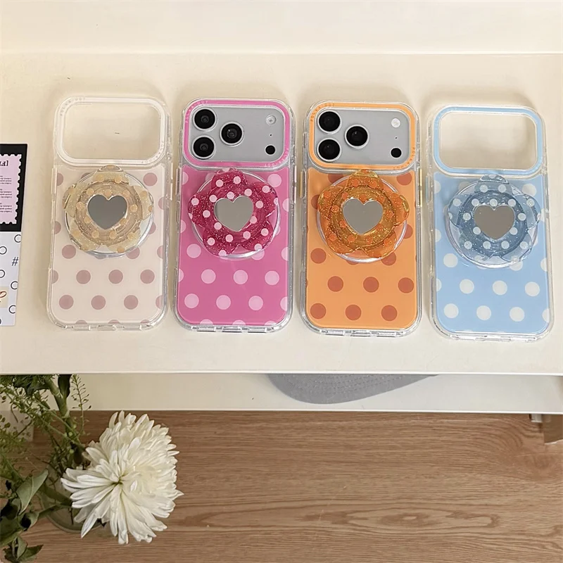 

Kawaii Polka Dot Heart Mirror Stand Phone Case For iPhone 17 16 15 Pro Max Cute Shockproof Protective Cover For MagSafe