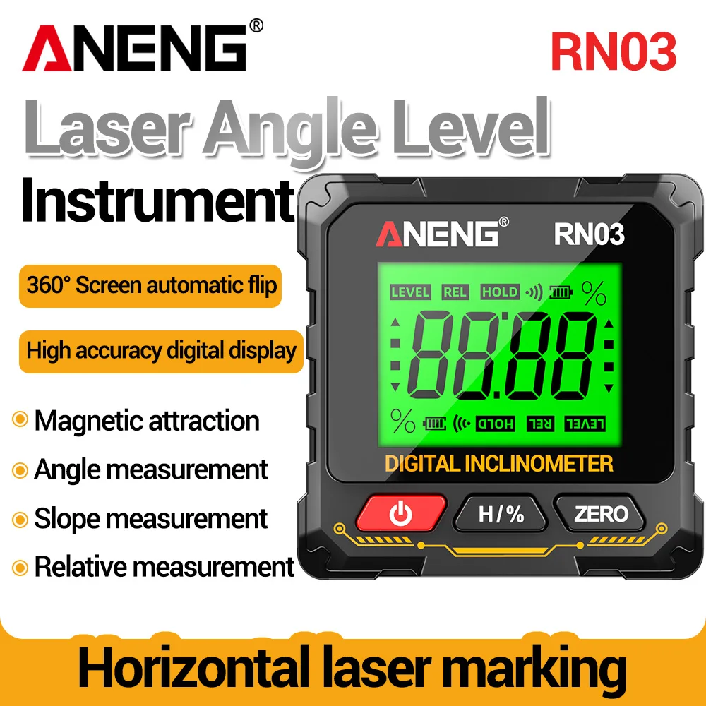 ANENG RN03 Instrumento laser de nível de ângulo digital 360 ° Tela automática flip quatro lados forte inclinômetro magnético ferramenta universal
